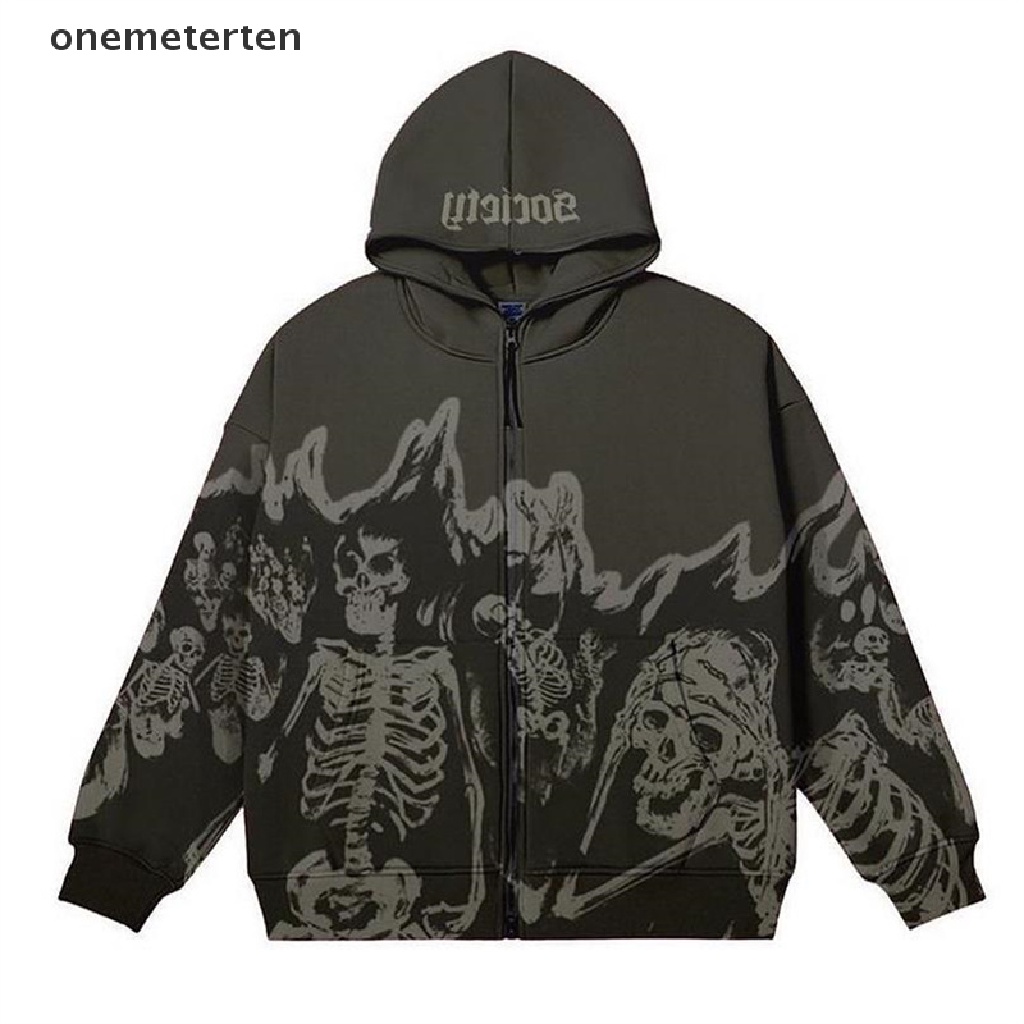 Rten Áo Khoác Hoodie Dáng Rộng Tay Dài Có Khóa Kéo In Hình Đầu Lâu Phong Cách Gothic Harajuku Vintage Đường Phố Cho Nam Và Nữ n