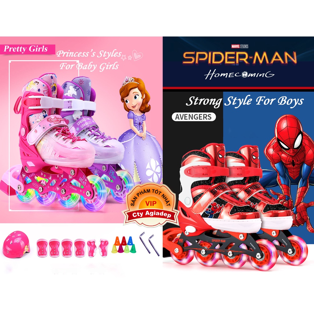 Giày Patin cho bé Inline-Skates cao cấp đến từ Disney dành cho các bé Spiderman cho bé trai, Princess cho bé gái