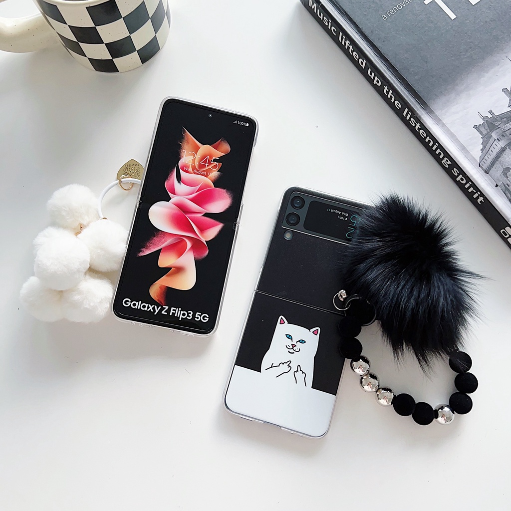 Ốp Điện Thoại PC Cứng Chống Sốc Hình Mèo Hoạt Họa Phối Dây Xích Cho Samsung Galaxy Z Flip 4 5G Samsung Galaxy Z Flip 3