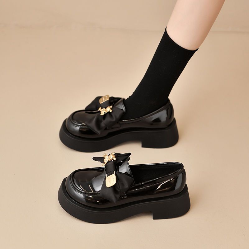 Giày Lười Da Đế Dày Đính Nơ Phong Cách Nhật Bản Thời Trang Thu Đông