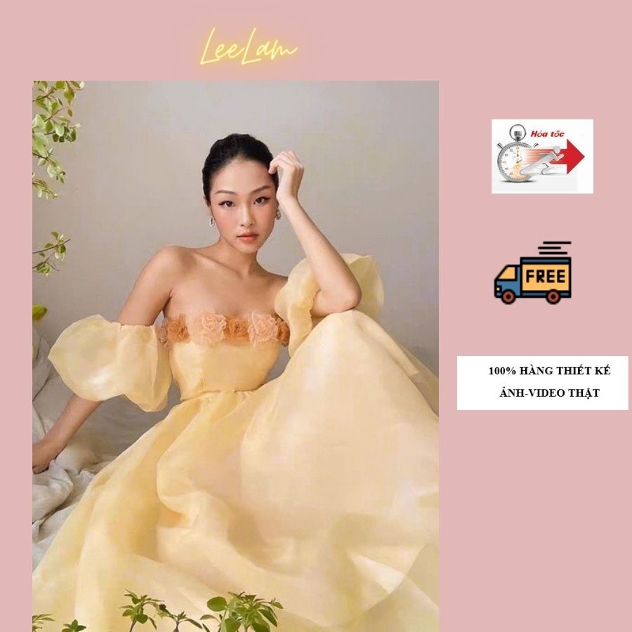 Đầm maxi cao cấp tay phồng đính hoa ở ngực