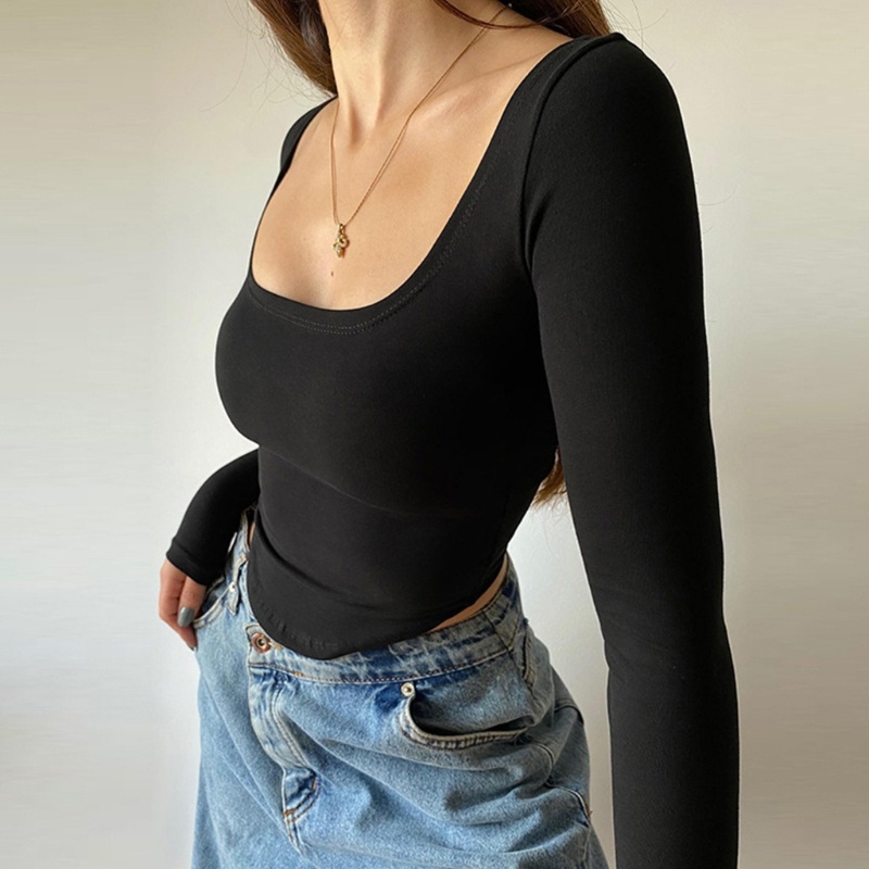 Áo Thun Tay Dài Cổ Chữ U Màu Sắc Đơn Giản Quyến Rũ Cho Nữ