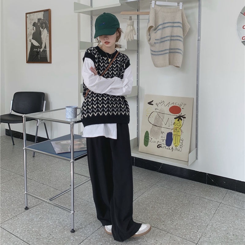 Áo Dệt Kim Sát Nách Dáng Rộng Cổ Chữ V Màu Sắc Trẻ Trung Phong Cách Hàn Quốc