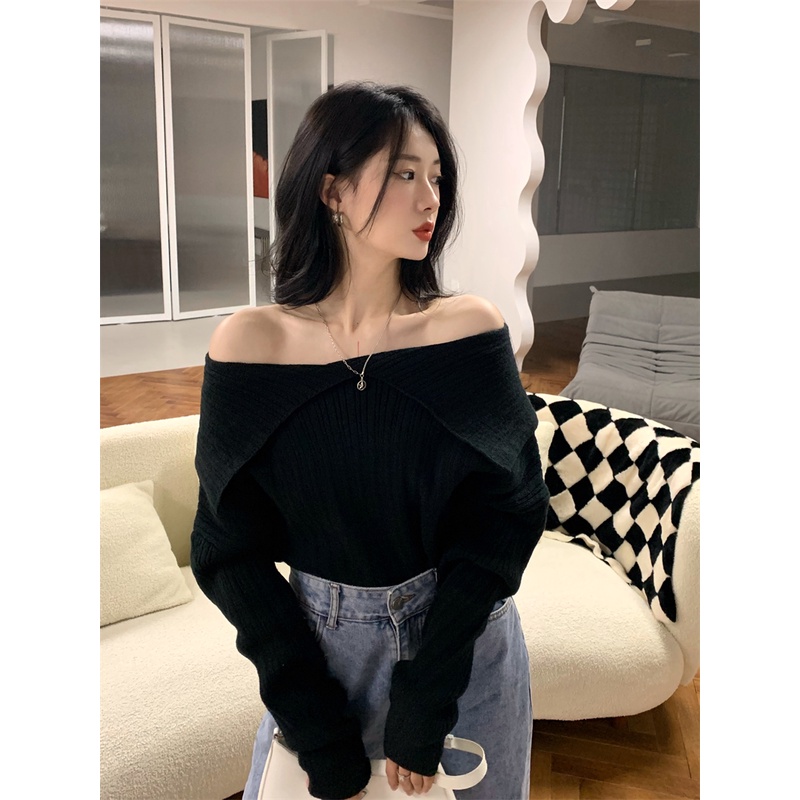 Áo Dệt Kim Tay Dài Trễ Vai Dáng Ôm Phong Cách Pháp Thời Trang Quyến Rũ Cho Nữ