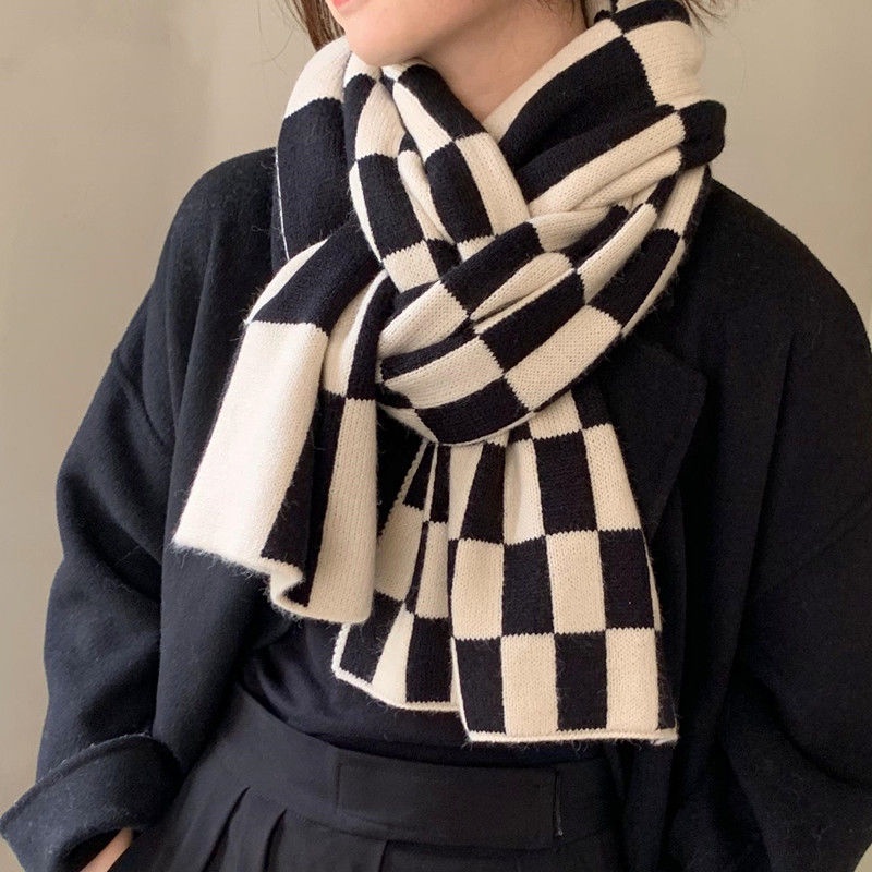 Khăn Choàng Cổ Dệt Kim Dày Dặn Ấm Áp Kẻ Sọc Kiểu Hàn Quốc Thời Trang Thu Đông Cho Nữ