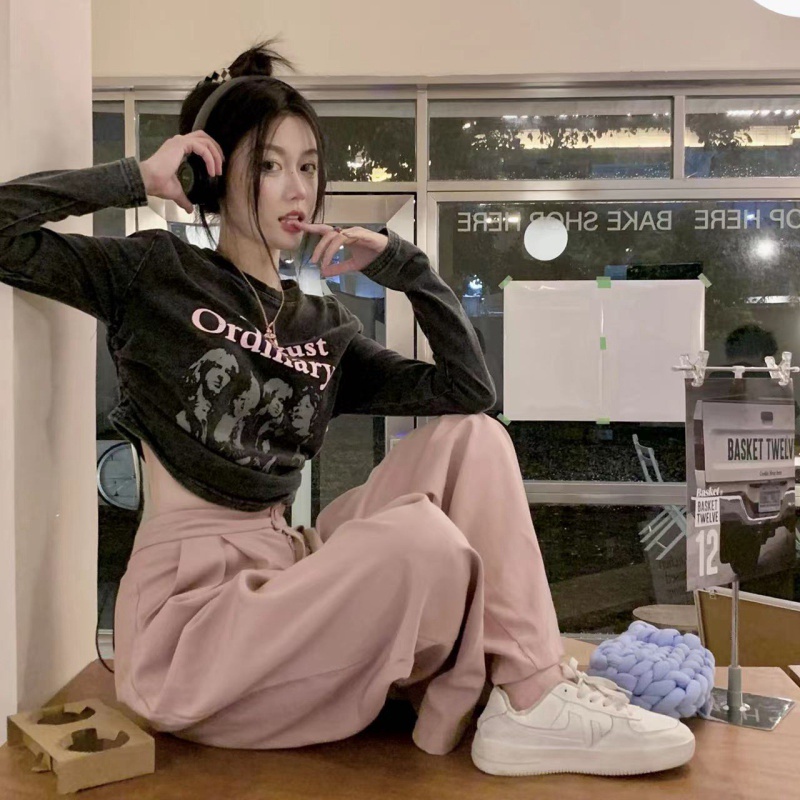 NRVP Áo thun nữ dài tay dáng lửng phong cách Hàn Quốc