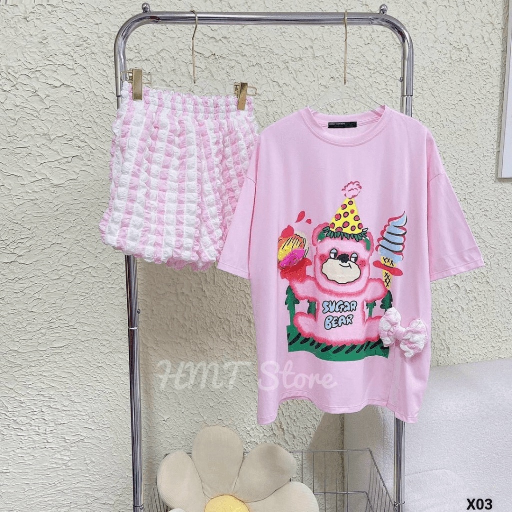 SET ĐỒ HOT SIÊU DỄ THƯƠNG | ÁO COTTON TAY NGẮN CÓ IN HÌNH GẤU PHỐI QUẦN XỐP SIÊU MÁT MẺ CHO HỘI CHỊ EM UP
