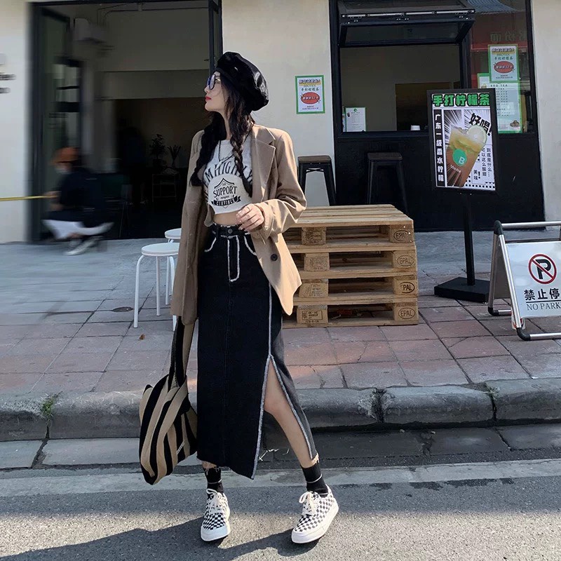 Chân Váy Jean Xẻ Dài Viền Trắng LSEOUL CV0597 Chất Dày Dặn Năng Động Nữ Tính