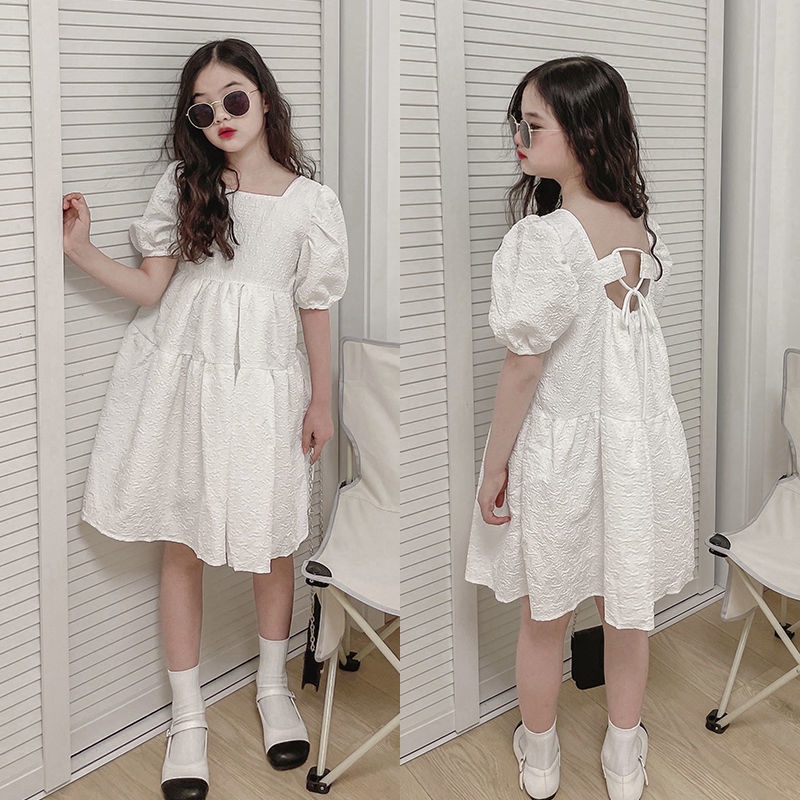 Đầm Công Chúa Tay Phồng Màu Trắng Trơn Phong Cách Hàn Quốc Cho Bé Gái Tuổi Teen