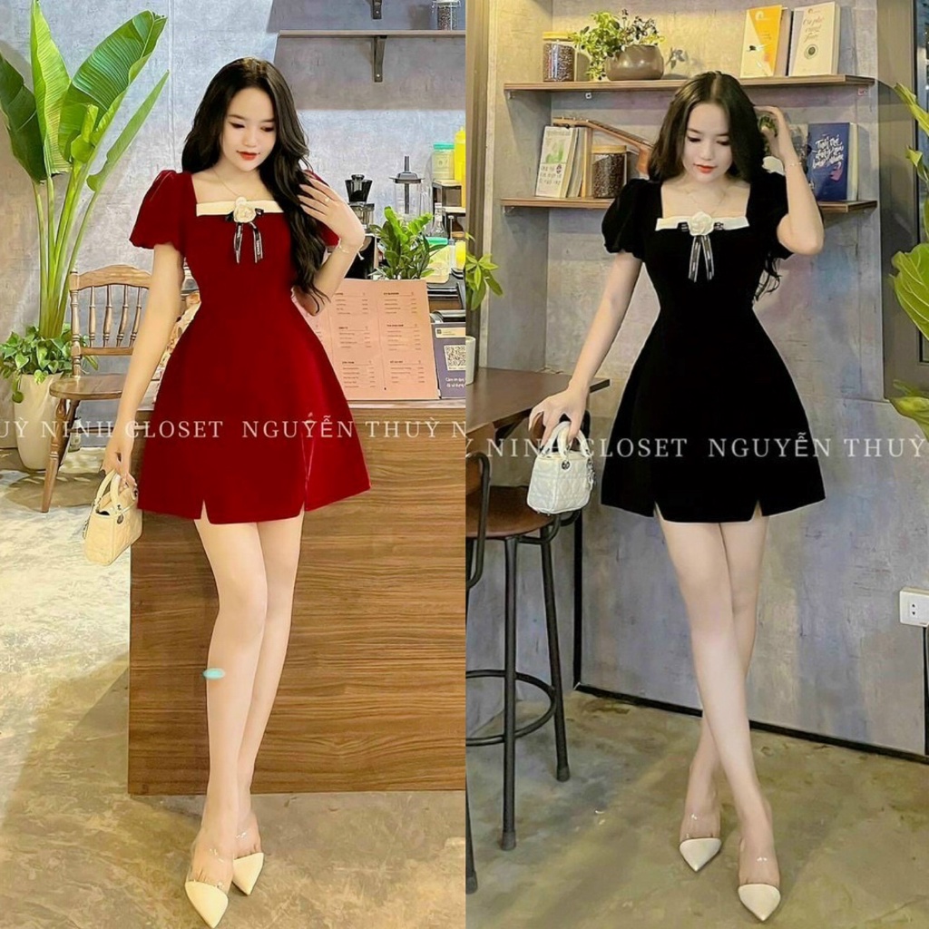 Đầm Váy Nữ Chất Vải Nhung Dáng Xoè Tay Phồng Đính Nơ Hoa Ngực ( Có Mút Ngực ) Thiết Kế Sang Chảnh Đi Làm Công Sở, Dạ Hội