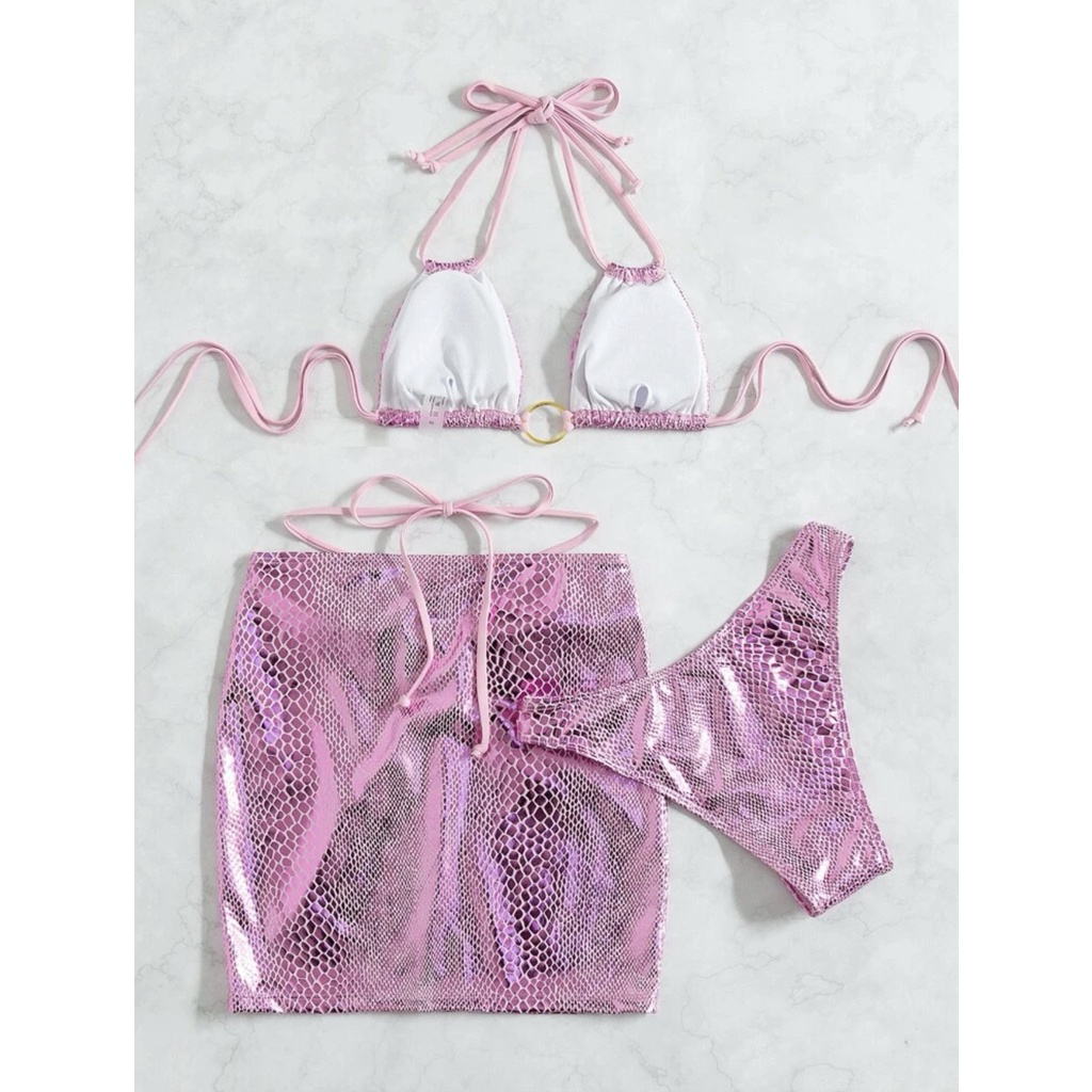 SET BIKINI 3 MÓN HỒNG DA RẮN KHUY TRÒN KÈM CHÂN VÁY