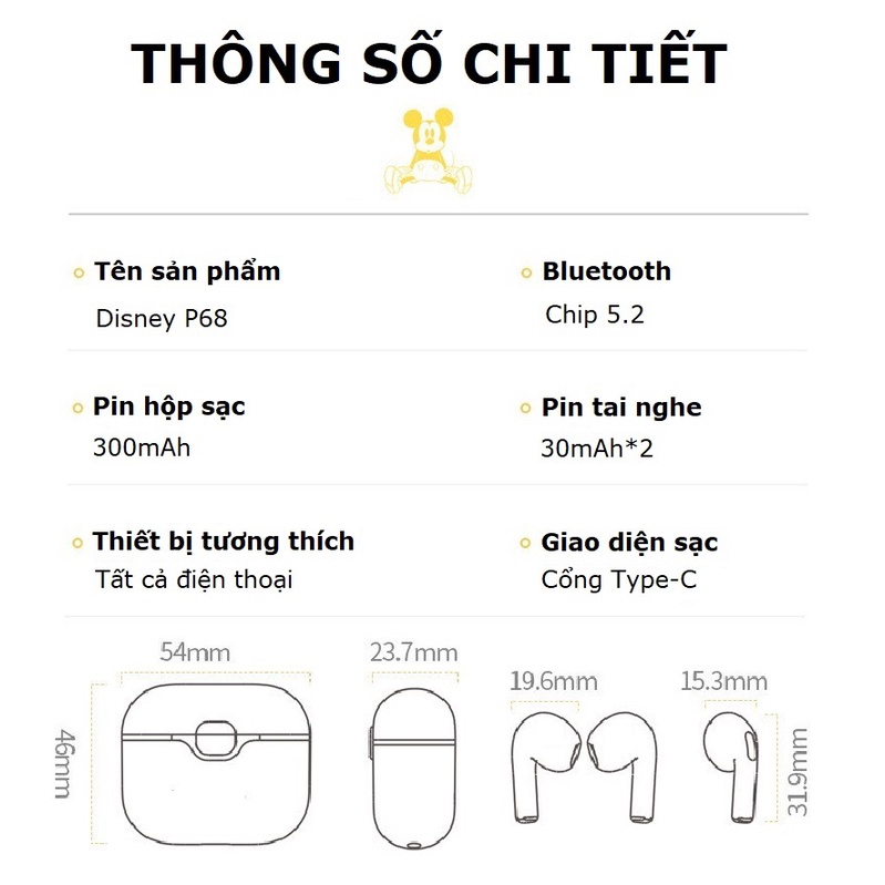 Tai nghe bluetooth không dây Gutek Disney P68 chính hãng nút cảm ứng âm thanh HIFI có mic đàm thoại