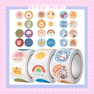 Cuộn 500 sticker chibi, sticker thank you dễ thương gói hàng, dán tem hàng hóa