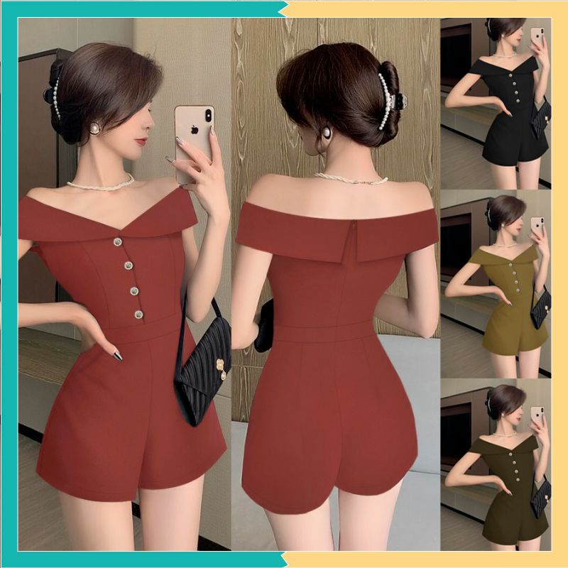 Jum ngắn trễ vai dây kéo lưng phối nút xinh xắn jumpsuit dáng ngắn J1204