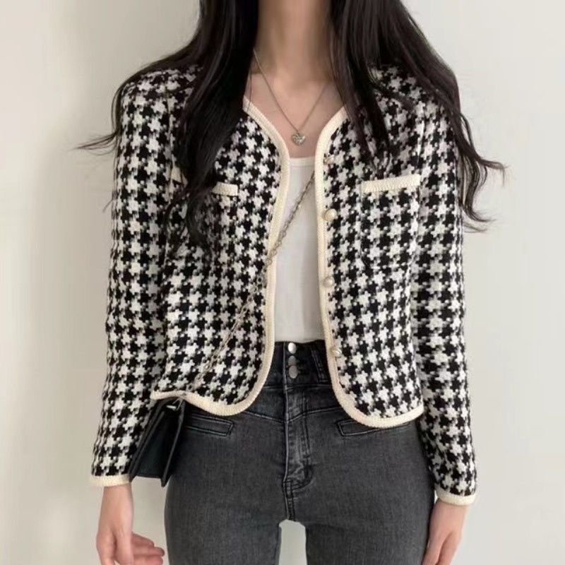 Áo khoác dạ tweed nữ Tay dài Dáng ngắn Họa tiết Ulzzang Hàn Quốc Áo khoác dạ lửng nữ tweed Thu Đông Thời trang