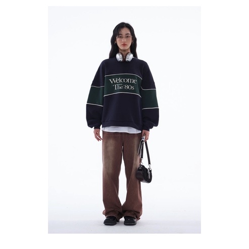 ÁO NỈ SWEATER xanh than phối màu sọc xanh lá thu đông 2022