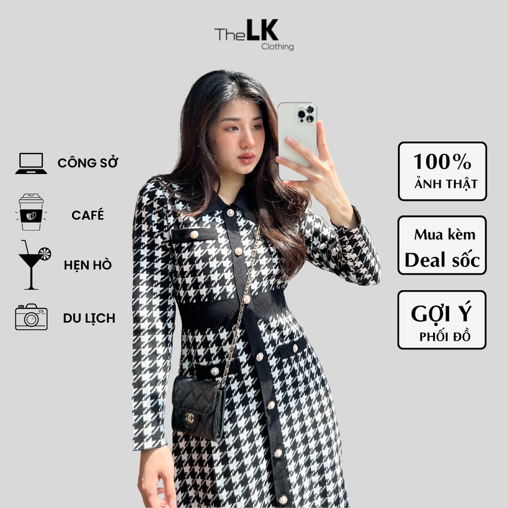 Đầm Len Nữ Tay Dài Đầm Bút Chì Dệt Kim Len Cao Cấp Hoạ Tiết Răng Sói The LK Clothing