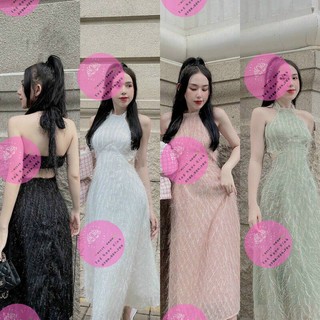 🎀 Đầm Dự Tiệc Dáng Suông Dài Tua Rua Cổ Yếm Cột Dây Sang Chảnh, Váy Maxi Lông Vũ 1 Dây Ngang Hở Lưng Sexy 🎀