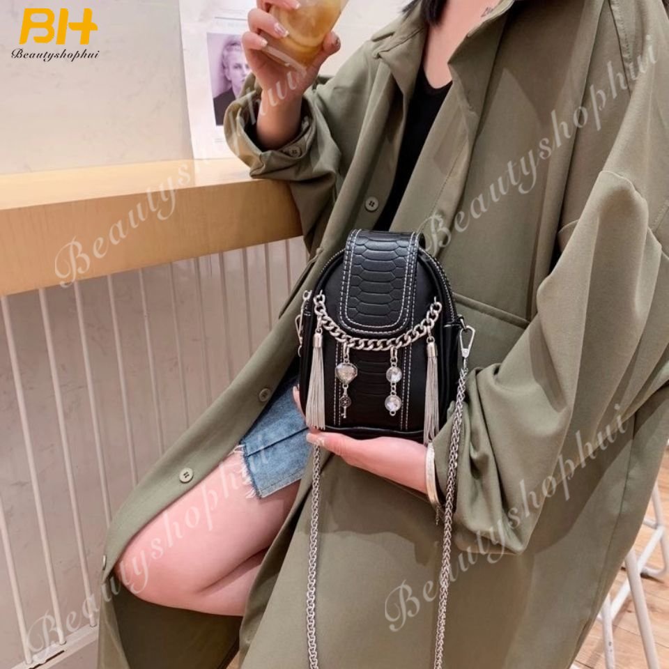 Túi Đeo Chéo Đựng Điện Thoại Đính Đá Tua Rua Thời Trang Dành Cho Nữ