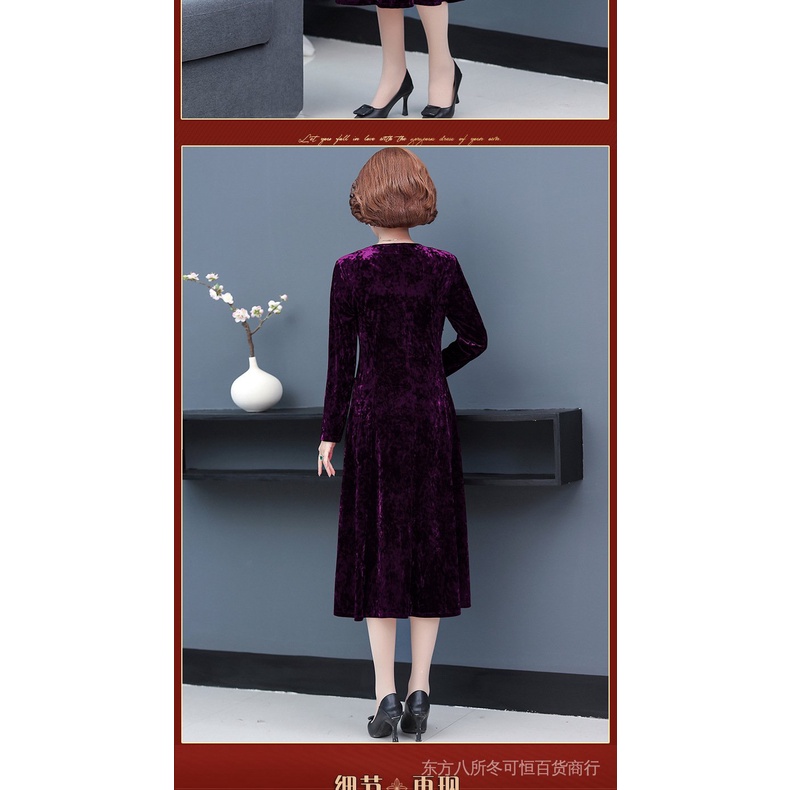 Đầm Nhung Vàng Phong Cách Thời Trang Xuân Thu Mới Cho Phụ Nữ Trung Niên