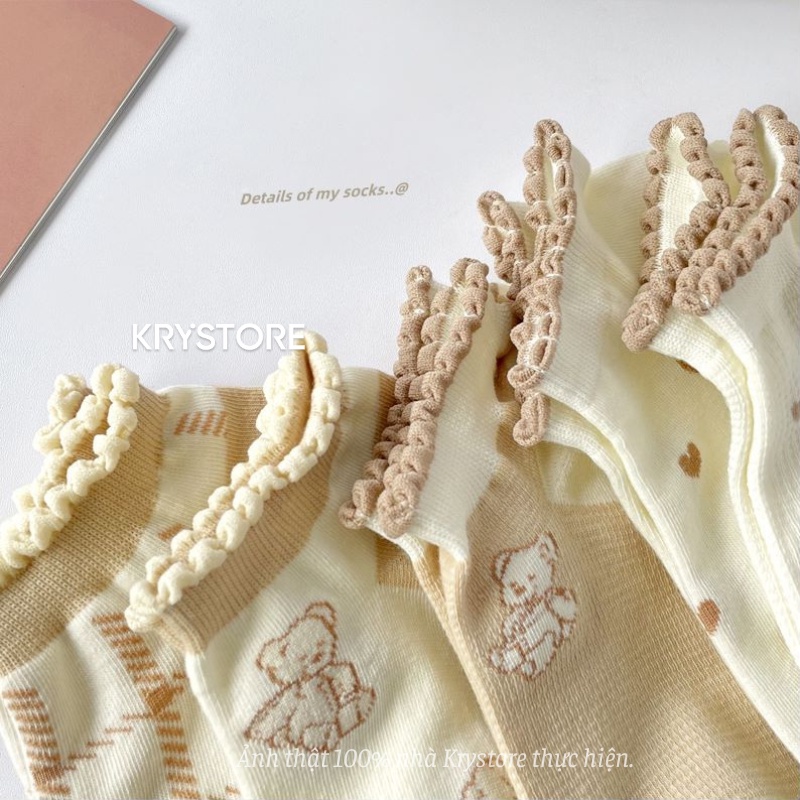 Set 5 đôi tất nữ ngắn cổ gấu nâu viền ren SN11