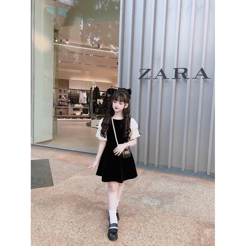 BÁN SỈ VÁY BÉ GÁI NHUNG ĐEN TAY BE ĐÍNH NƠ