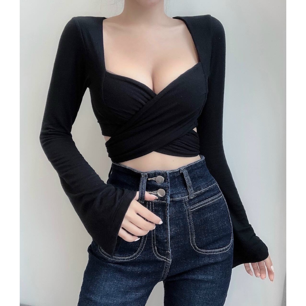Áo thun borip cổ Vuông xẻ cúp ngực tay dài dây to buộc eo croptop trắng đen basic TU