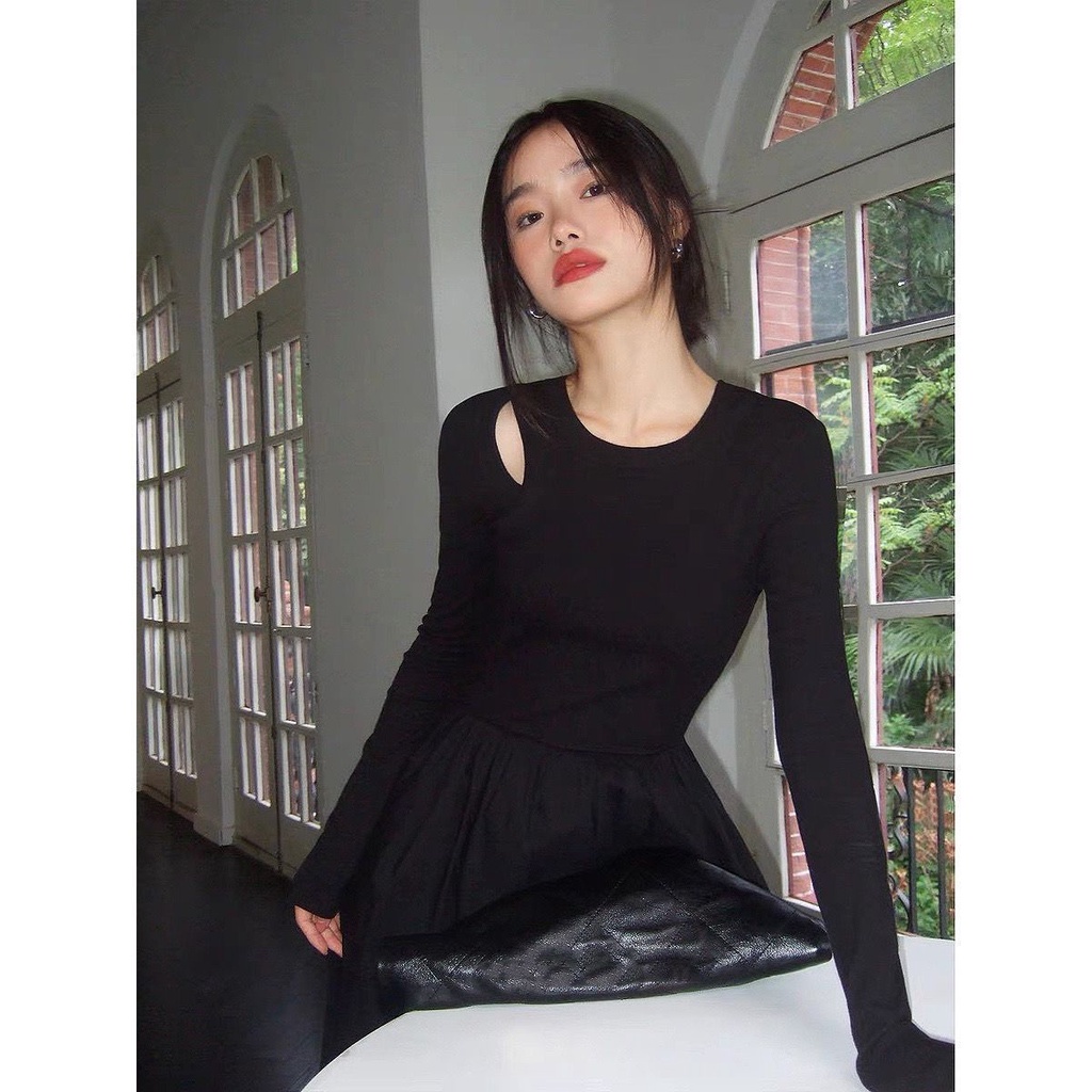 Đầm Tay Dài Dáng Ôm Thiết Kế Đục Lỗ Thời Trang Mùa Thu Mới Cho Nữ