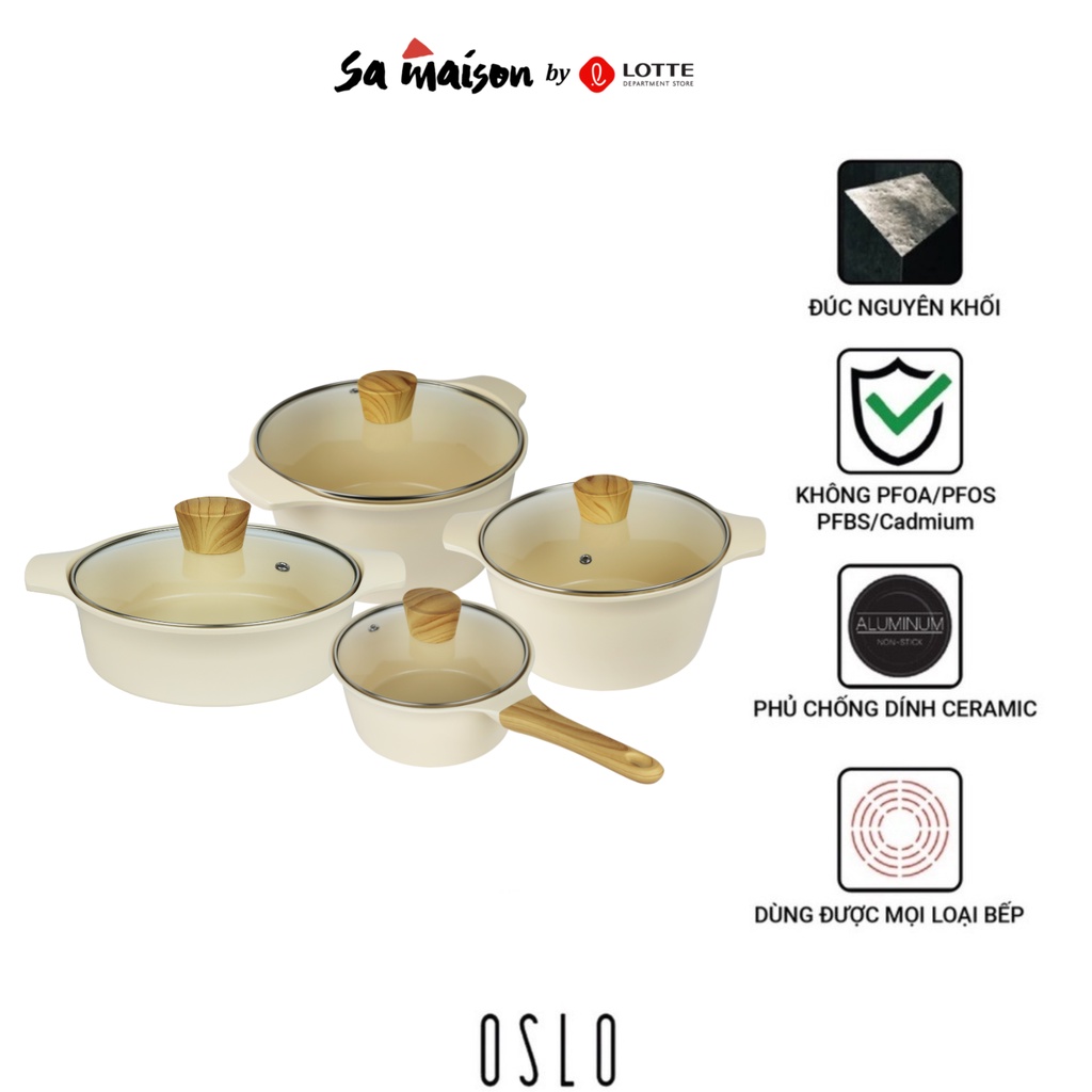 Bộ nồi quánh chống dính cho bếp từ OSLO Dreamchef 16-20-22-24 cm Hàn Quốc màu Beige