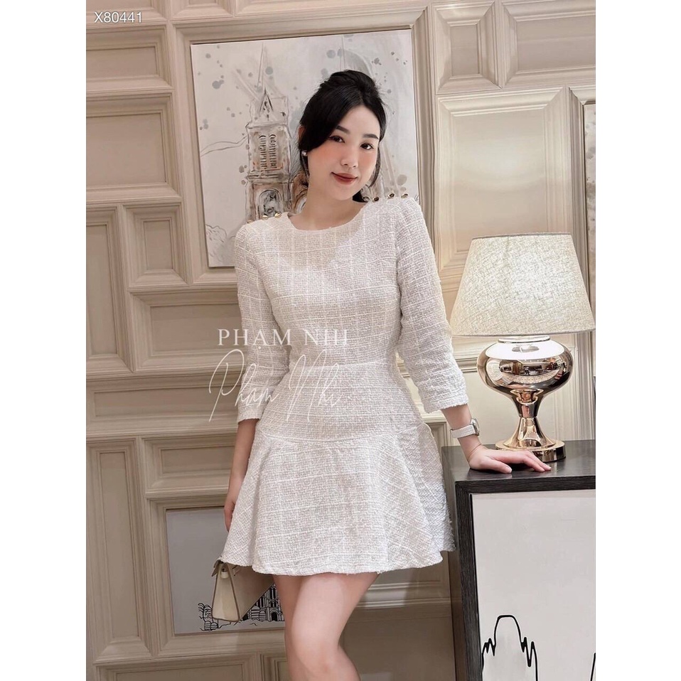 Đầm Dạ Trắng Đuôi Cá Tay Dài Phối Nút ( Có vedeo và ảnh thật )