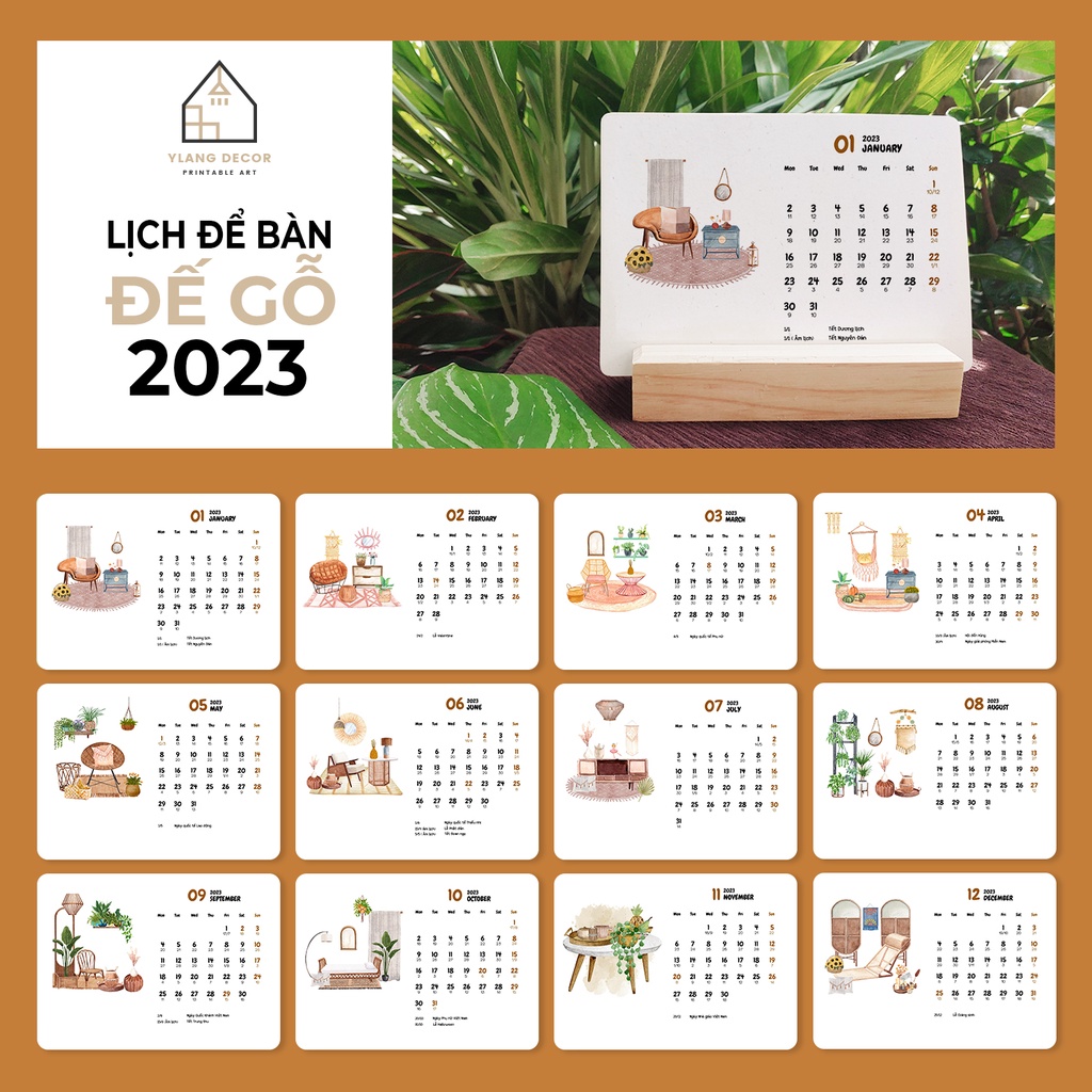 LỊCH ĐỂ BÀN ĐẾ GỖ 2023 - Calendar 2023 - Có Lịch Âm - Ghi chú các ngày lễ - Trang trí decor bàn học bàn làm việc - MẪU 1