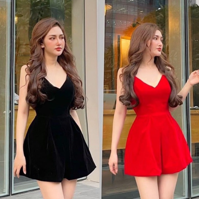 Jum Đùi Body 2 Dây Nhung Cổ V Ống Rộng