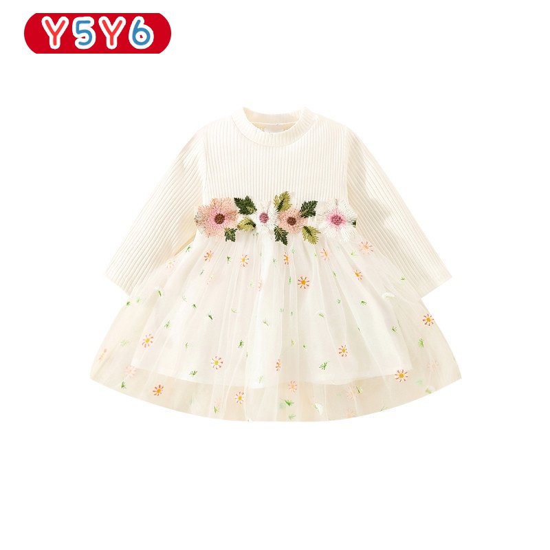 Y5Y6 Đầm Công Chúa Tay Dài Phối Lưới Thêu Họa Tiết Xinh Xắn Thời Trang Xuân Thu Cho Bé Gái 0-3 Tuổi