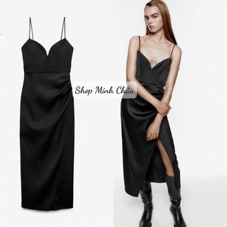 (Sẵn)Váy midi 2 dây lụa satin vạt chéo xẻ Zarrraa