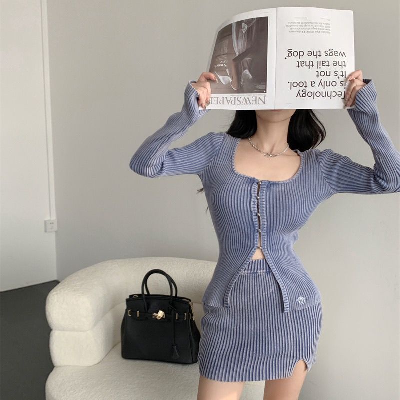 Áo Cardigan Dệt Kim Tay Dài Cổ Vuông Màu Xanh Dương Thời Trang Thu Đông Mới 2022 Dành Cho Bạn Nữ