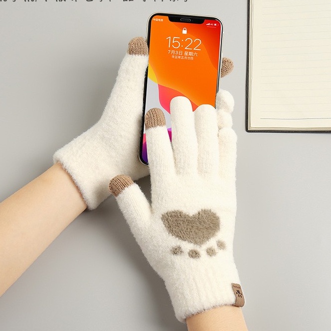 GT24 Găng tay len nam nữ unisex nhung dày dấu chân mèo dệt kim siêu mềm mịn giữ ấm sang trọng
