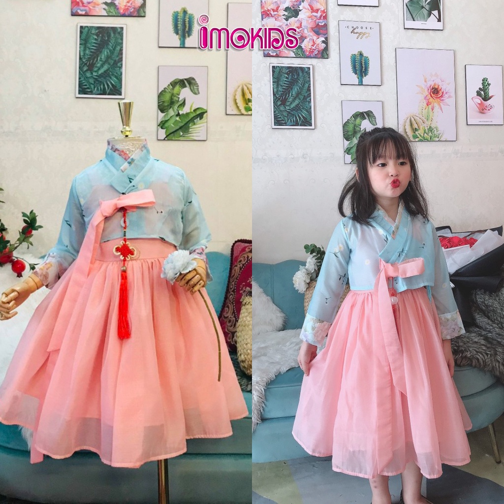 Sét hanbok bé gái thiết kế 10-25kg màu hồng nhẹ nhàng, váy hanbok bé gái đi chơi tết xinh xắn đầm bé gái dễ thương