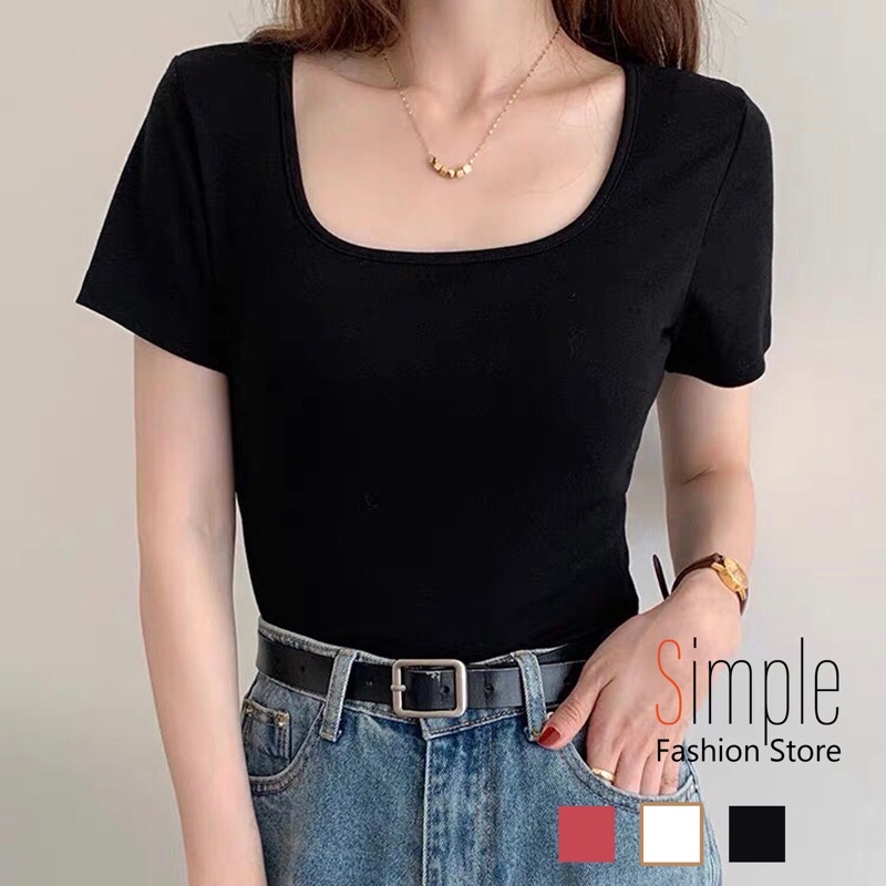 Áo thun nữ cổ vuông ngắn tay Simple chất cotton mềm,mịn mặc rất mát co dãn 4 chiều đủ size