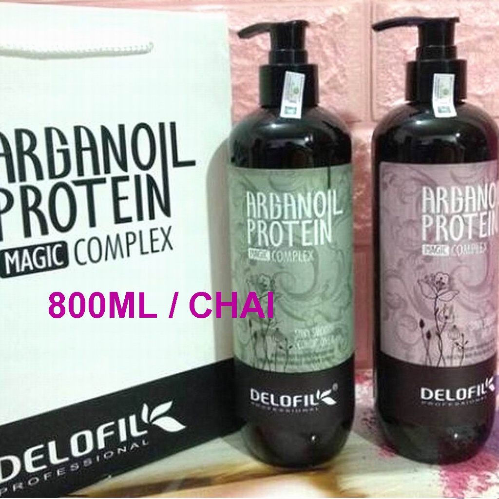 Cặp dầu gội Delofil Arganoil Protein 800ml giảm gàu, giảm gãy rụng, hư tổn, khô xơ