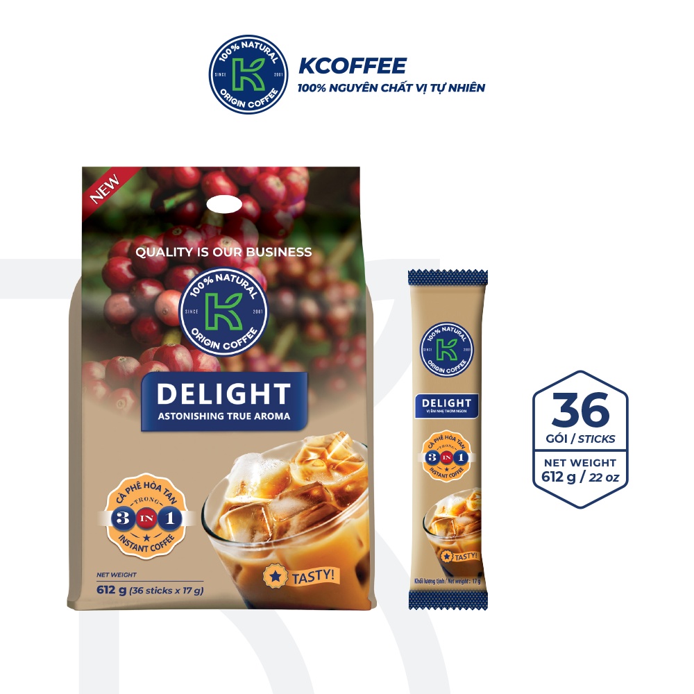 Combo 3 túi cà phê sữa hòa tan K Delight 3in1 612g/túi 36 gói thương hiệu K Coffee