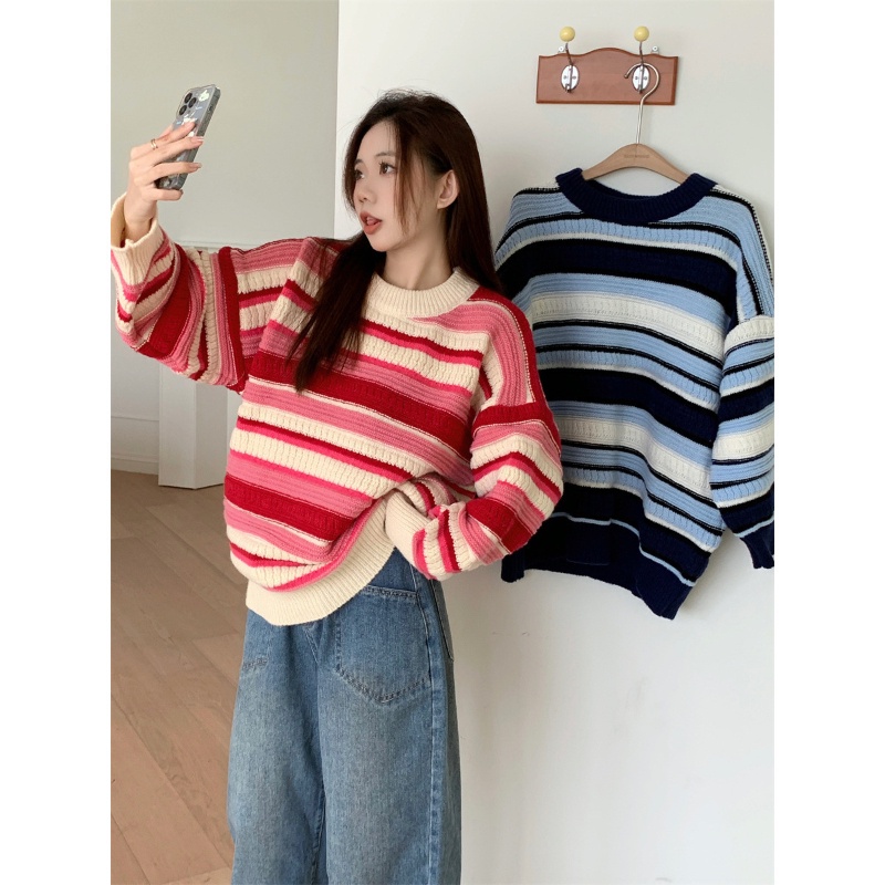 COZOK Áo Len Tay Dài Form Rộng Họa Tiết Sọc Hợp Thời Trang