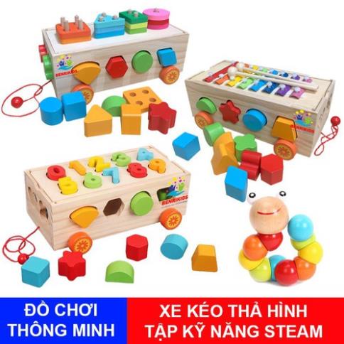 Đồ Chơi Gỗ: Xe Kéo Thả Số & Hình Khối- GIÚP BÉ PHÁT TRIỂN TAY, MẮT- LÀM QUEN VỚI CON SỐ, MẦU SẮC & HÌNH KHỐI