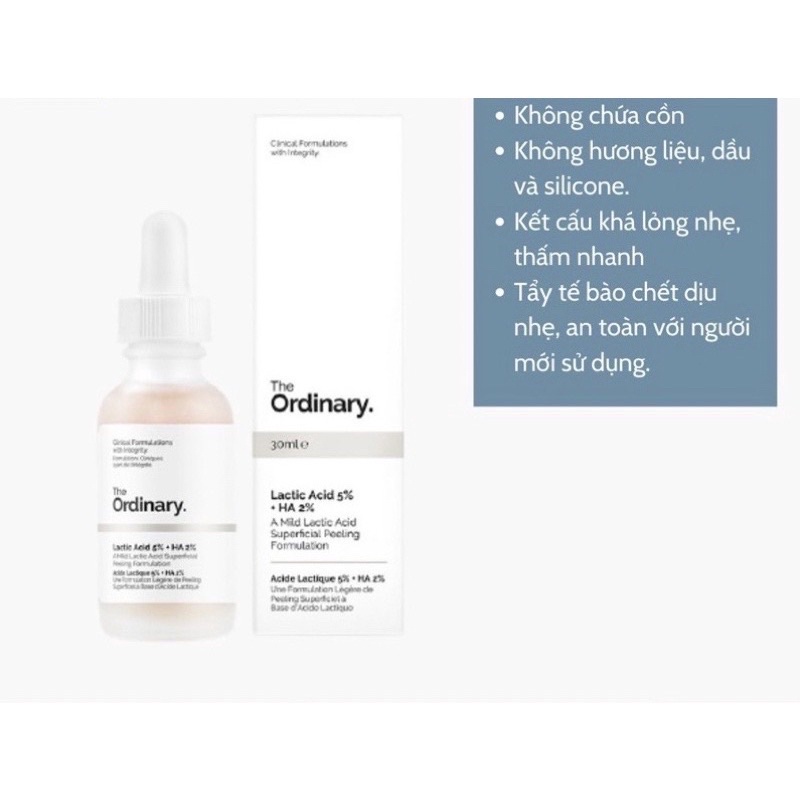 Serum tẩy tế bào chết sáng da, mờ thâm Lactic 5% Acid + HA The Ordinary 30ml
