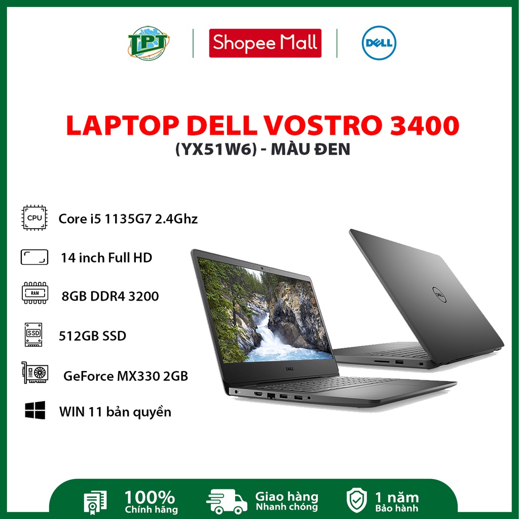 Laptop Dell Vostro 14 3400 YX51W6 (Core™ i5-1135G7 | 8GB | 512GB | MX330 2GB | 14-inch FHD | Win 11 | Office | Đen)