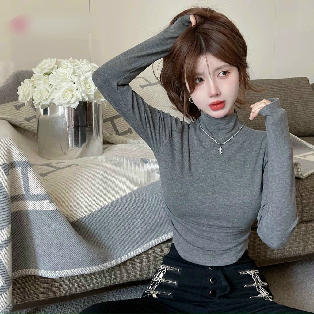 Áo thun cổ lọ tay dài vạt bầu ôm body phong cách trẻ trung, đơn giản MC