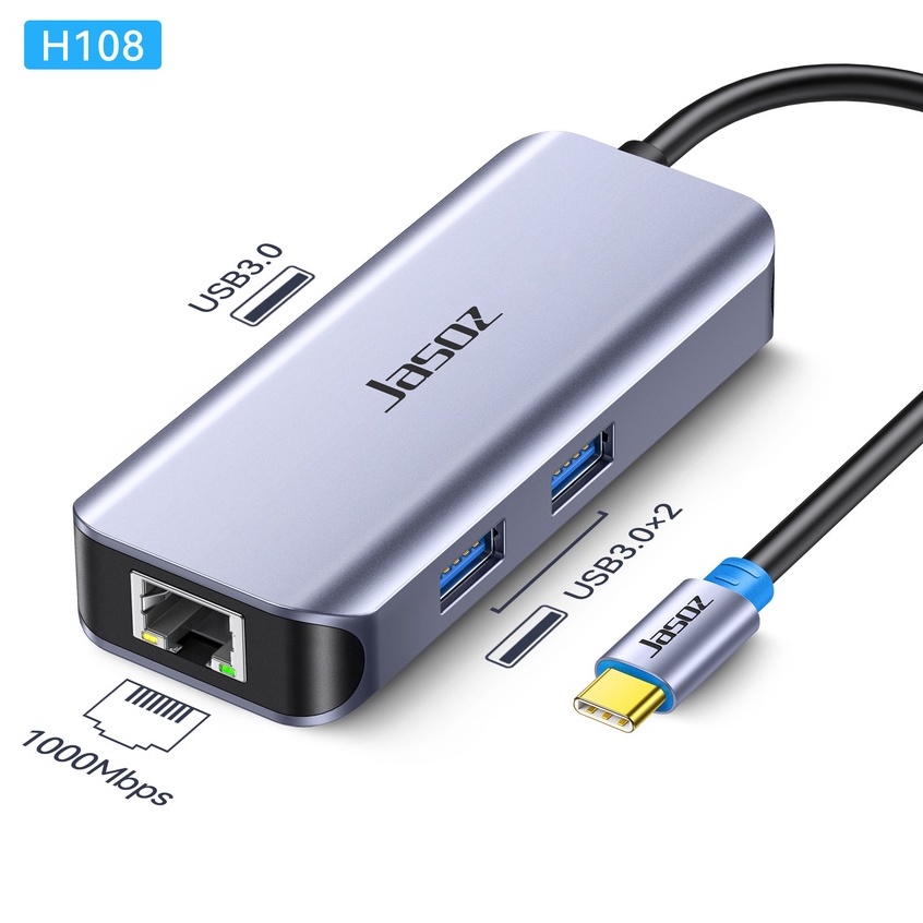 HUB Chuyển Đổi Type-C ra 3 cổng USB 3.0 + Gigabit RJ45 JASOZ H108 - Hàng chính hãng - Bảo hành 18 tháng.