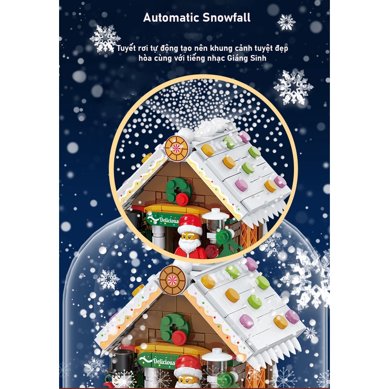 Hộp Phát Nhạc ghép hình Giáng Sinh PHUN TUYẾT RƠI + ĐÈN + NHẠC xoay tròn, Mô Hình Quà Tặng Ông Già Noel, Người Tuyết