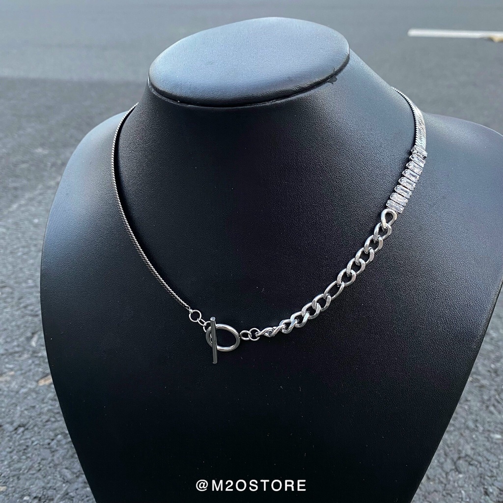 Vòng Cổ Lụa Phối Xích Đính Đá,Dây Chuyền Thép Titan Phối Đá Zircon