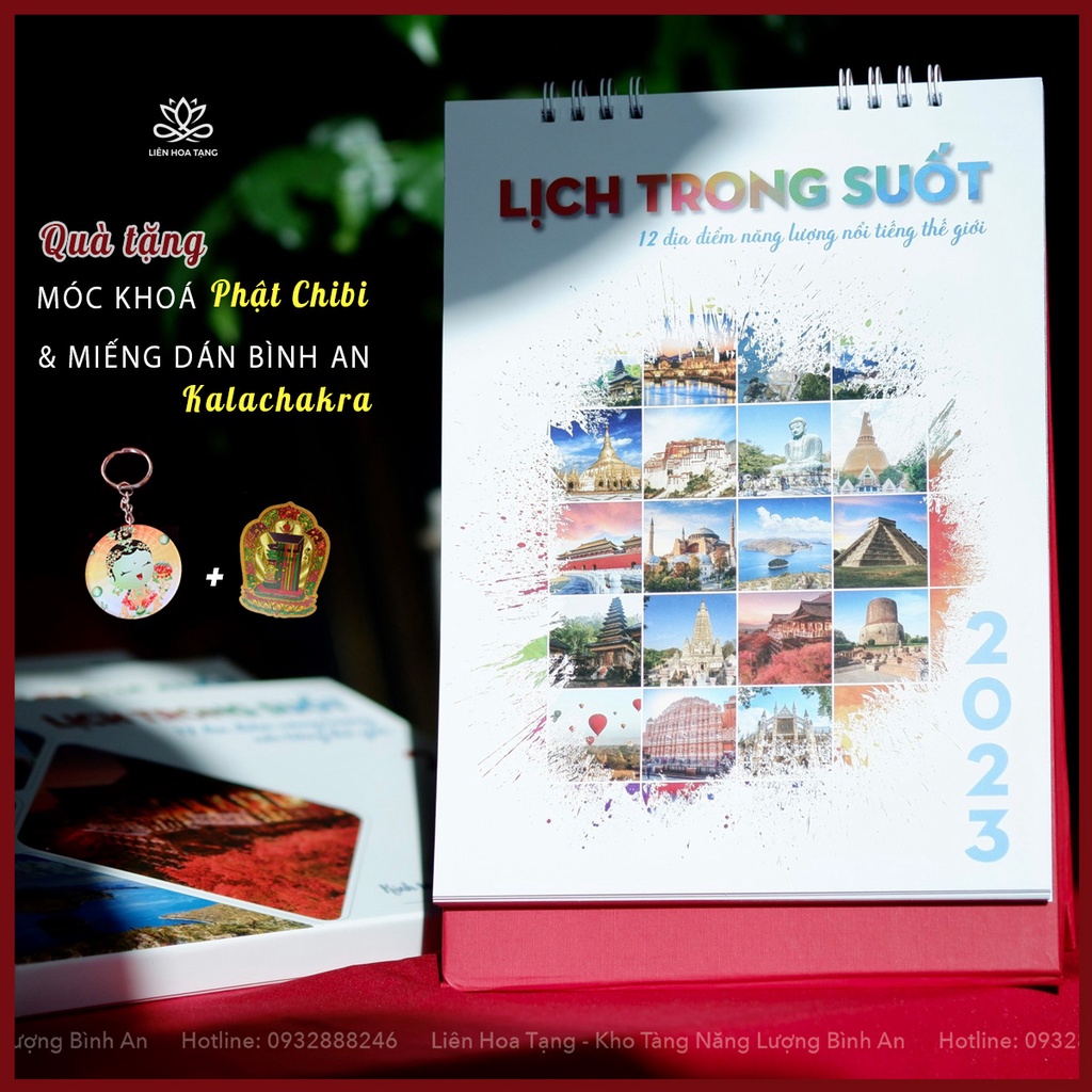 Lịch Trong Suốt Để bàn & Thư pháp 2023 - Tặng móc khoá Phật & Linh phù Bình An - Xuân Quý Mão - Liên Hoa Tạng