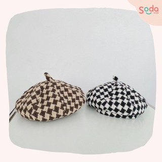 Mũ nồi dạ cho bé, họa tiết kẻ nâu, đen, phong cách tiểu thư Hàn Quốc, dành cho bé 2-5y